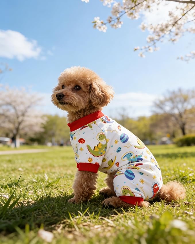 PET SHOW 4 Pack Small Dog Pajamas Dog Clothes for Medium Dogs Girl Boy Soft Stretchy PJs Dinosaur Car Jumpsuit Puppy Cats Daisies Cow Jammies Onesies Outfits with Sleeve Pets Costume, S