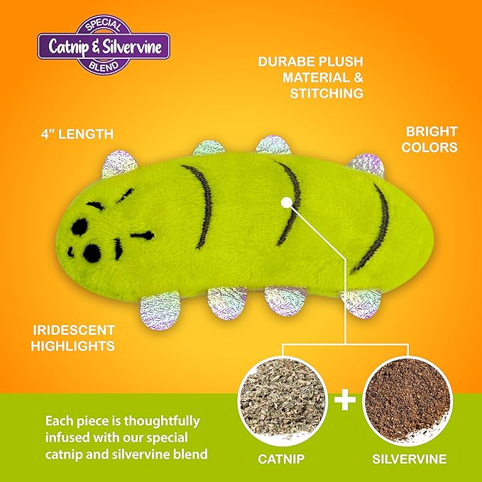Pounce & Purr® Plush Cat Toys, Catnip & Silvervine Infused, Shiny Iridescent Accents, Interactive Play Toys for Cats & Kittens (Centipede)