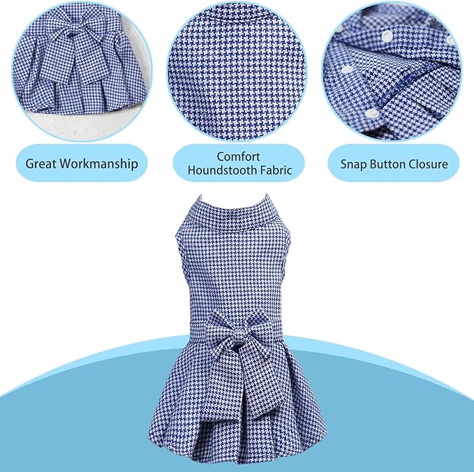 Classic Plaid Dog Dress with Bow Tie for Small Dogs Cats Girls, Cute Puppy Dresses Clothes with Bowknot Chihuahua French Bulldog Pet Apparel Outfits (Blueberry Blue, X-Small)