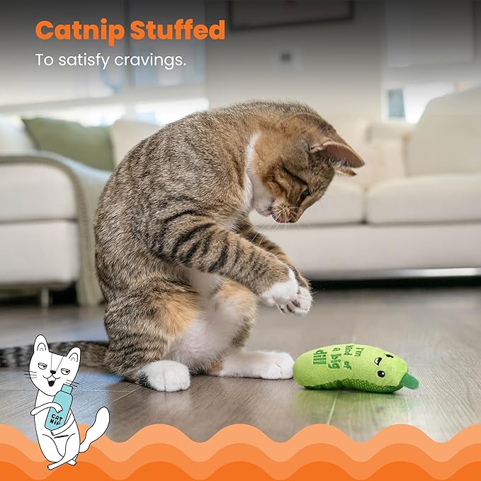 Catstages Crunchy Pickle Kicker Cat Toy – Plush Crinkle Toy with Catnip and Dental Mesh, 6.5" (Pack of 2)
