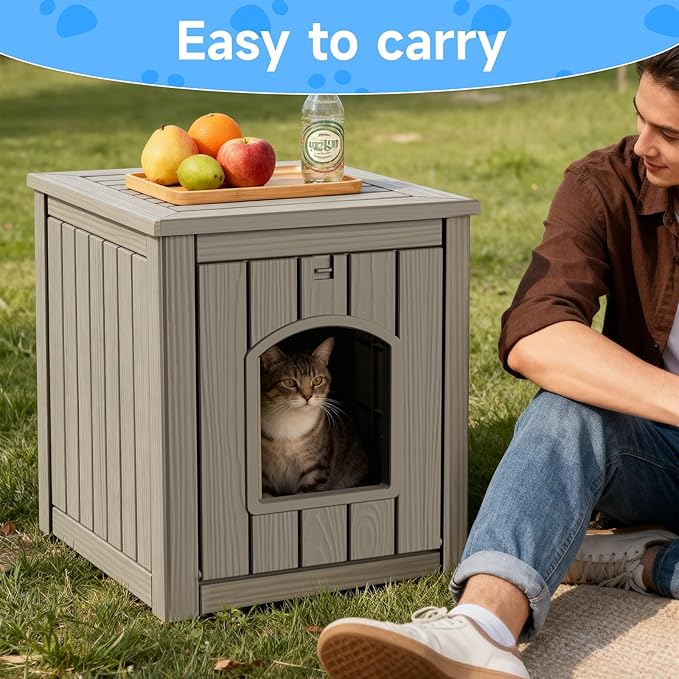 DRATO Outdoor Cat House - Weatherproof Resin Cat Igloo Shelter, Durable & Insulated, Easy Assembly Cat House for Garden, Patio, Backyard Use (Gray, 18.46 * 23.62 * 21.42)