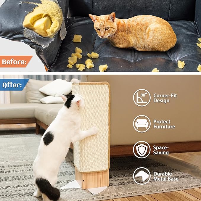 PETKARAY Couch Corner Cat Scratcher, 22" Corner Scratching Post Wall Scratcher, Sisal Furniture Protector for Sofa with Reversible Base, Small