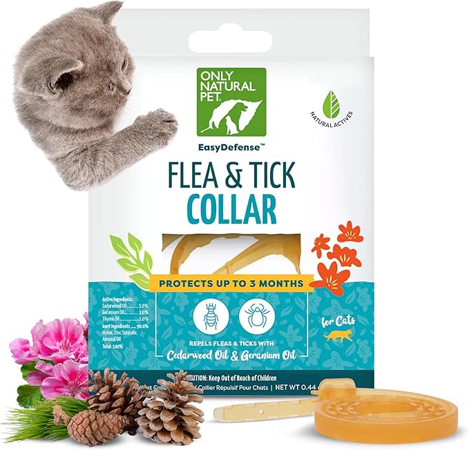Only Natural Pet EasyDefense Flea & Tick Cat Collar - Feline Flea Collars Biting Insect Control - Pet Care that Protects up to 3 Months - for Cats (Single Collar)