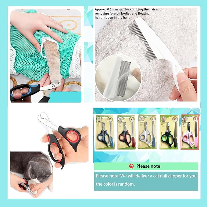 Adjustable Multifunctional Anti-Bite Shower Net, Cat Grooming Mesh Bag, Bath Brush & Nail Clipper (A-Grey)
