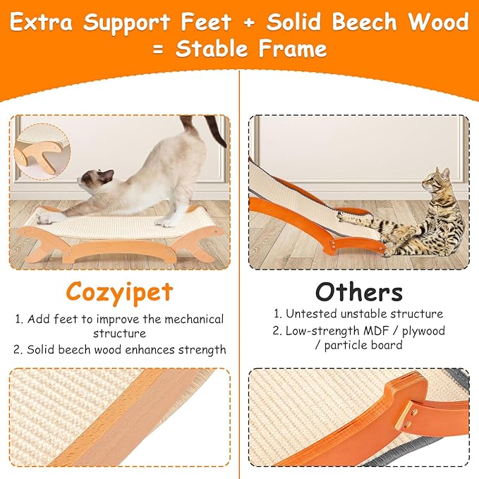 Elevated Cat Bed with Sisal Hammock for Cats, Large Sisal Scratcher Bed for Indoor Cats, Solid Beech Wood Frame up to 22Lbs (26.3" Lx16.1 Dx4.7 H)