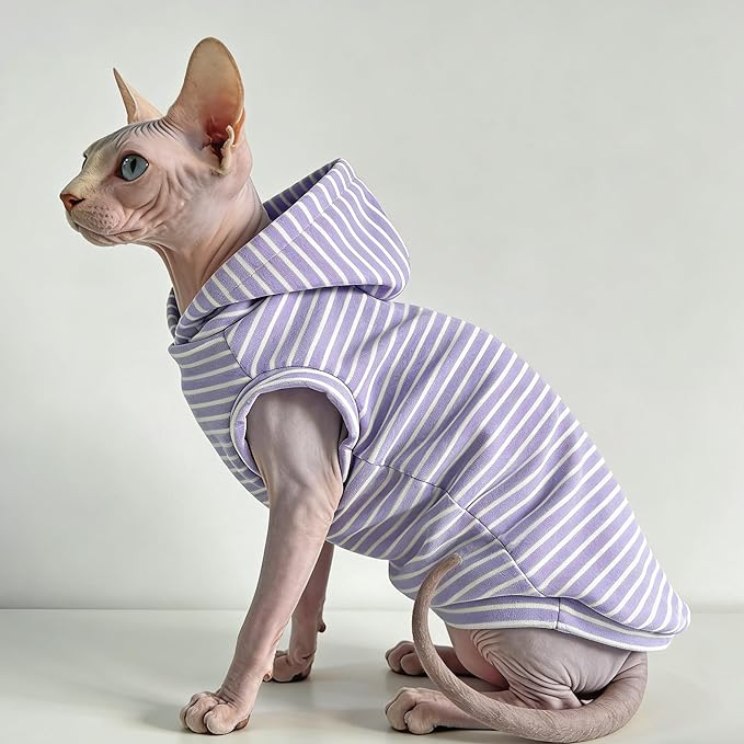 Sphynx Cat Clothes for Cats Only,Classic Striped Hairless Sphinx Cat Clothes Hoodie Shirts, Soft Kitten Sweater Pets Apparel Outfits for Devon Rex, Cornish Rex, Peterbald,Purple,M