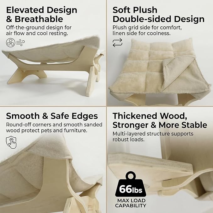 JSPYFITS Elevated Cat Bed Hammock, Raised Orthopedic Dog Bed with Dual-Sided Plush & Linen Cushion, Modern Cat Furniture for Medium to Large Cats, Easy Assembly(Beige)