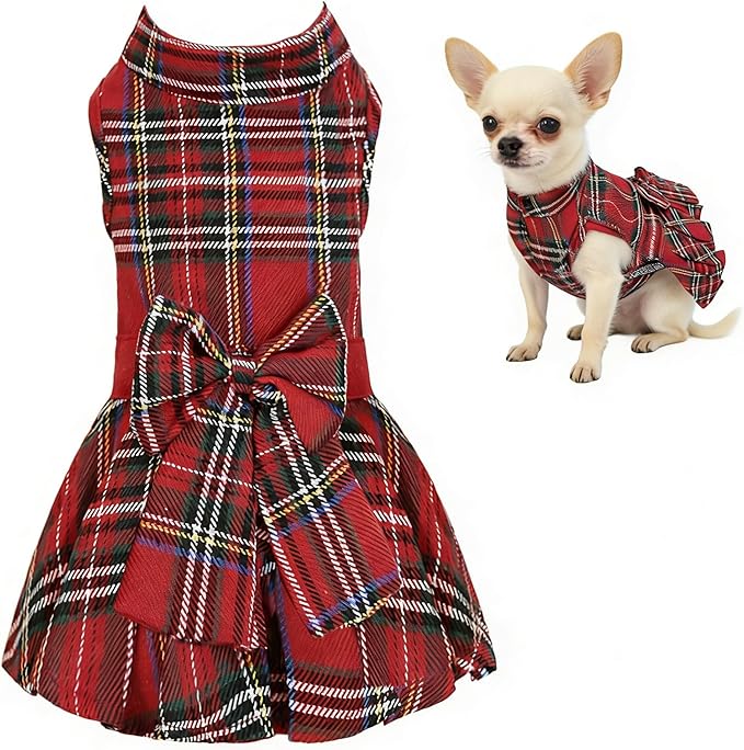 Classic Plaid Dog Dress with Bow Tie for Small Dogs Cats Girls, Cute Puppy Dresses Clothes with Bowknot Chihuahua French Bulldog Pet Apparel Outfits (Cranberry Red, Large)