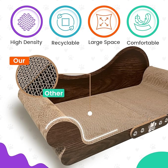 Cat Scratcher Sofa - 26" Cat Scratcher Lounge for Indoor Cats, Long Lasting Scratching Pads, Furniture Protector