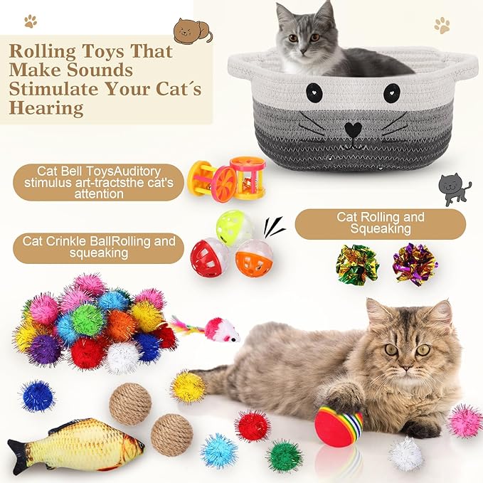 Zopeal 58 Pcs Summer Graduation Cat Storage Basket Gift Toys Set, Colorful Flashing Balls Pet Bell Crinkle Balls Spring Toys Attract Cat to Swat, Hunt, Interactive for Pet(Multicolor,9.8 Inch)
