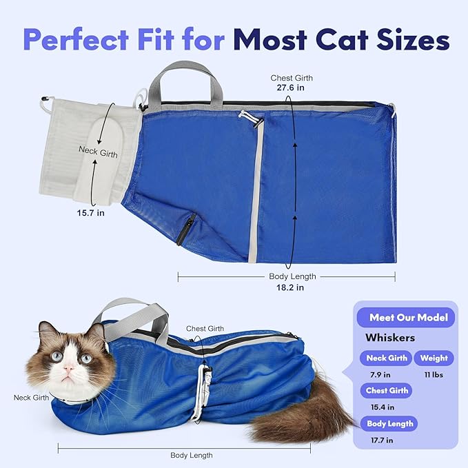 Cat Bathing Bag Anti Scratch Bite Breathable Mesh- Cat Grooming Bag for Nail Trimming, Injections, Medication, Dental Care, Vet Visits, Cats Shower Bag with Zippers,Blue M