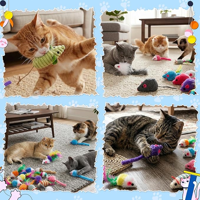Leitee 51 Pcs Assorted Mice Cat Toys Bulk with Cat Paw Gift Storage Bags Set, Small Furry Mouse Kitten Toy for Indoor Cats, Interactive Play Color Varies (Mix Mice)