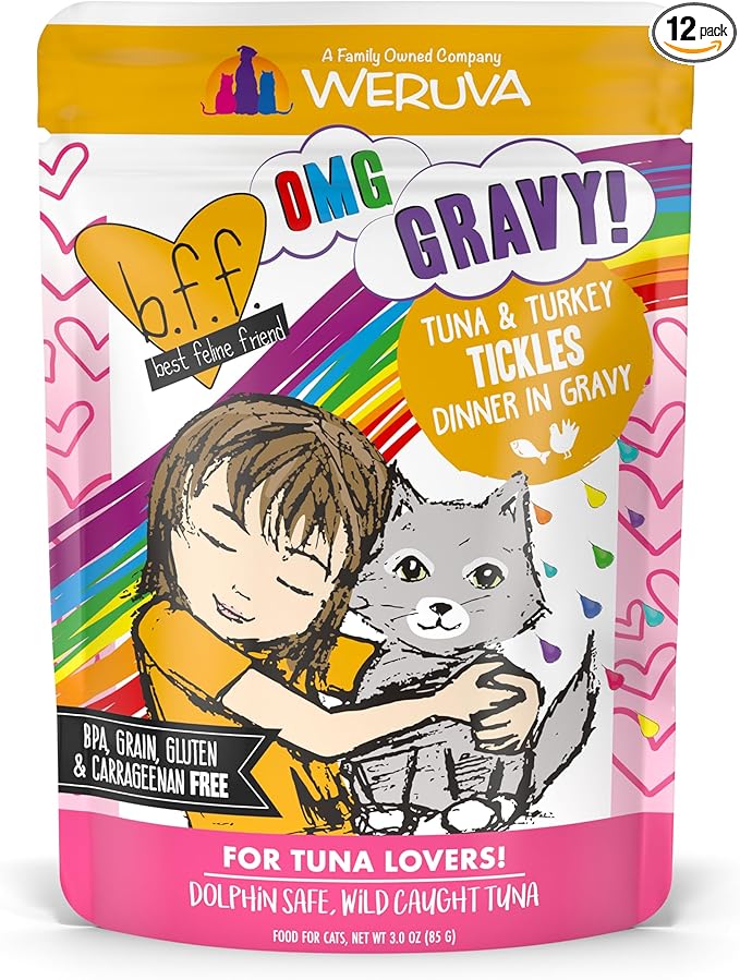 Weruva B.F.F. OMG - Best Feline Friend Oh My Gravy!, Tuna & Turkey Tickles with Tuna & Turkey in Gravy Cat Food, 3oz Pouch (Pack of 12)
