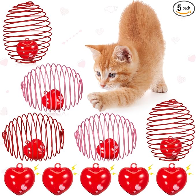 Jecery 5 Pcs Cat Spring Balls Toys Stretchable Rolling Balls Colorful Playful Coils Interactive Action Toy Caged Rats for Kitten Pet Supplies (Heart Bel,Pink Red)