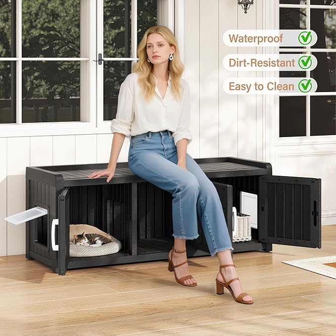 KAMABOKO Cat Litter Box Enclosure Hidden Litter Box Furniture with Door and Window, Multi-Functional Cat Furniture for Living Room Bedroom, Black