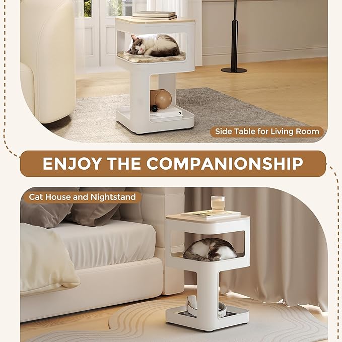 EUREKA ERGONOMIC Side Table Cat Beds, Square End Table with Cat House, Metal Nightstand with 3 Tier Storage, Modern Side Table End Beside Table for Living Room Bedroom Indoor, Easy Assembly, White