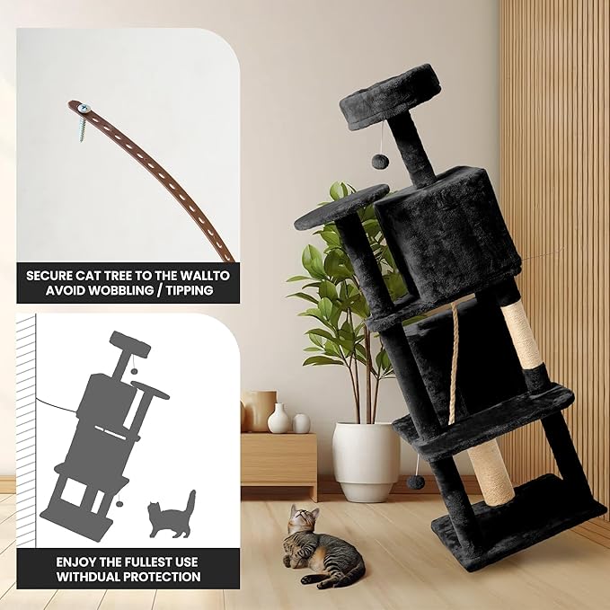 59in Large Cat Tree Tower for Indoor Cats with Soft Plush Hang Ball, Two Condos, Sisal Scratch Posts & Rope Play for Kittens/Adult Cats, Black