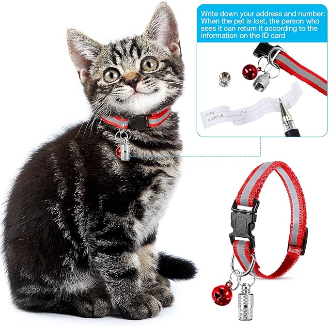 18 Piece Reflective Cat Collars with Bell Adjustable Durable Nylon Cat Collars with Safety Buckles and 6 Piece Weatherproof Metal ID Tags Pendant Anti-Lost ID Tags for Puppy Kittens