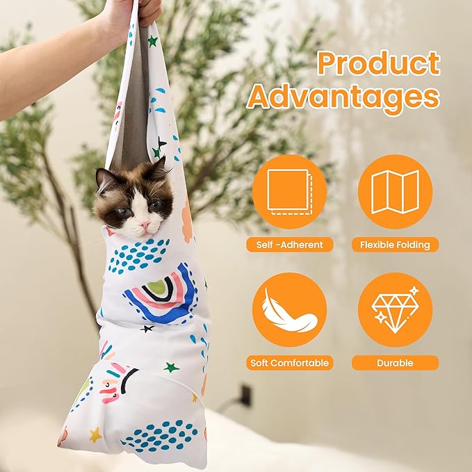 17.7'' Cat Grooming Wrap for Cutting Nails Self-Adhesive Soft Polyester Fabric Swaddle Wrap for Cats Anti-Scratch Anti-Escape Restraint for Nail Clipping Pet Cleaning and Beauty (Rainbow,M)