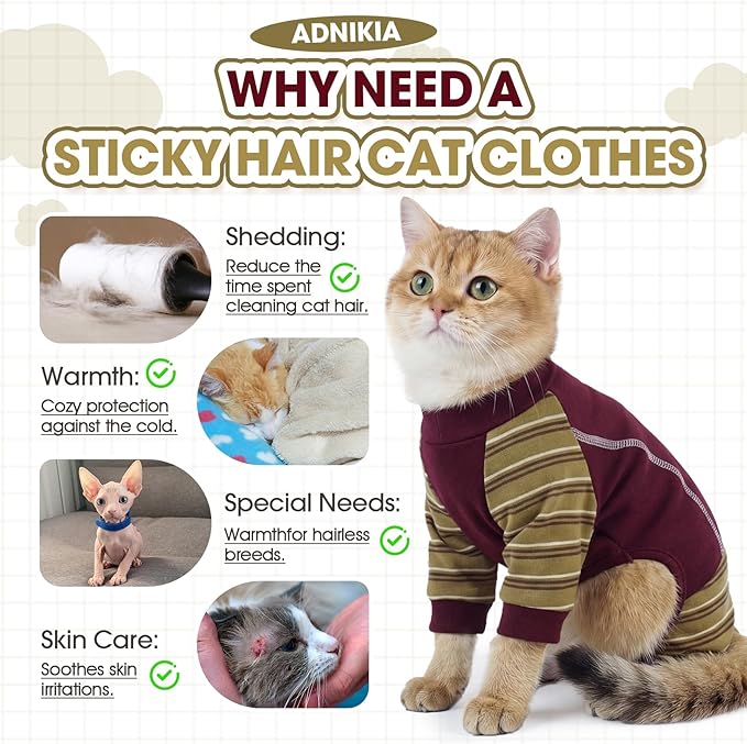 Sticky Cat Clothes, Sphynx Hairless Pajamas for Cats only, Soft Onesie for Kitten, Female Male & Hair Loss Prevention, Red L