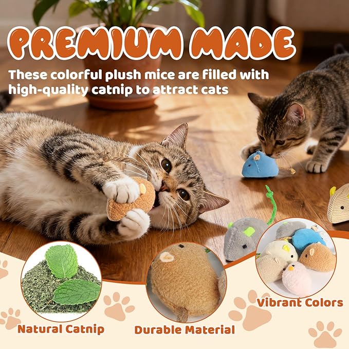 24 Pack 2.36" Colorful Mouse Toy for Cat, Interactive Catnip Animal Toys Plush Catnip Mouse Shaped Biting Toys for Indoor Cats