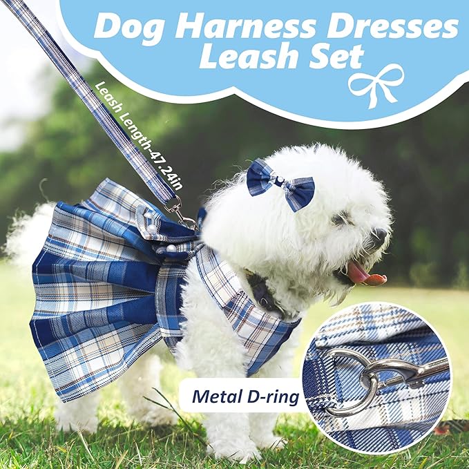 Dog Dress Bowknot Harness Leash Set for Small Dogs Girl Cute Plaid Dog Dress Pearls Bow Tie Spring Summer Princess Clothes Birthday Holiday Doggie Outfits for Puppy Cats Girl Apparel (Red, Medium)