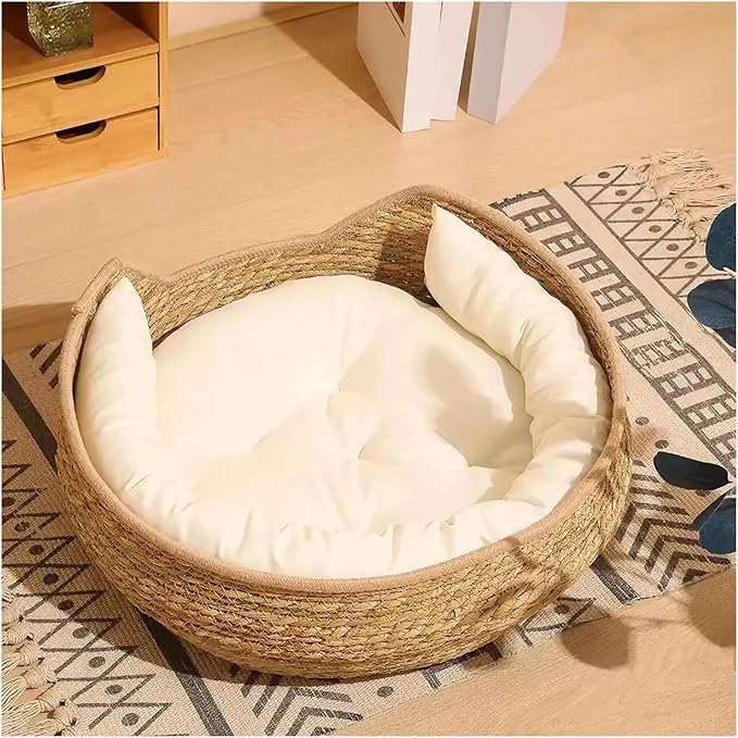 Cat Bed Woven Nest Bed with Soft Cushion and Pillow All Season Weaving Pet Sleeping Resting Scratching Furniture Compatible with Puppy