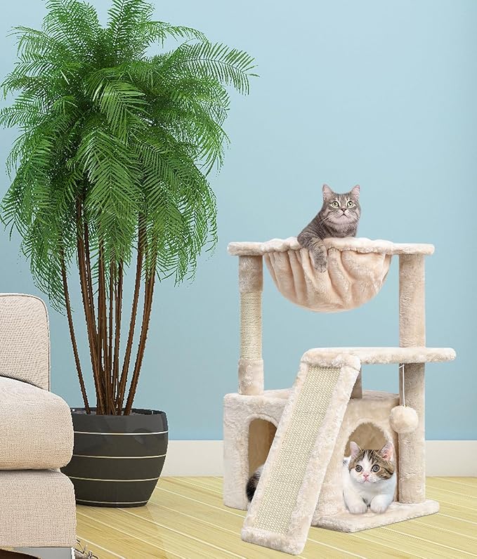 SYANDLVY Cat Tree for Indoor Cats Large Adults, Modern Activity Tower with Scratching Posts & Board, Condo with Plush Perch, Climbing Stand with Cradle & Hanging Ball for Play, Beige