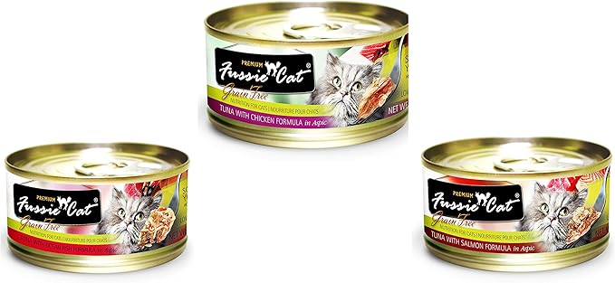 Fussie Cat Premium Grain Free Canned Cat Food 3 Flavor Variety: (4) Tuna with Chicken, (4) Tuna with Salmon and (4) Ocean Fish, 2.82 Oz Each (12 Cans Total)