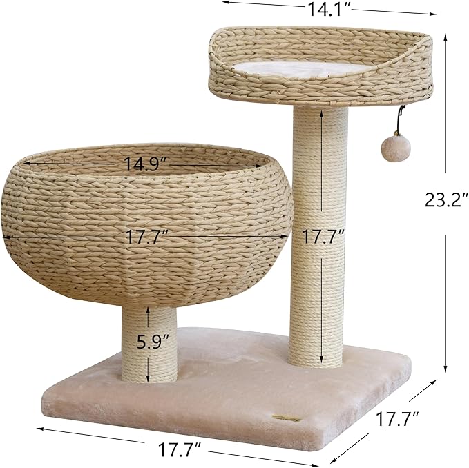 PetPals 23" High Handwoven Recycled Paper Rope Baskets Bed and Perch, Sisal Scratching Post, Playful Teaser Toy, Washable Cushion, for Indoor Cats (Beige)
