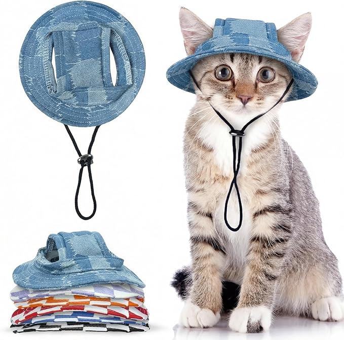 QBLEEV Cat Hats for Cats Only, Sphynx Hat with Ear Hole, Kitten Headwear Mini Sun Sombrero Caps, Summer Cat Cowboy Hats, Pet Chihuahua Sunscreen Baseball Outdoor Climbing Cap Birthday Party