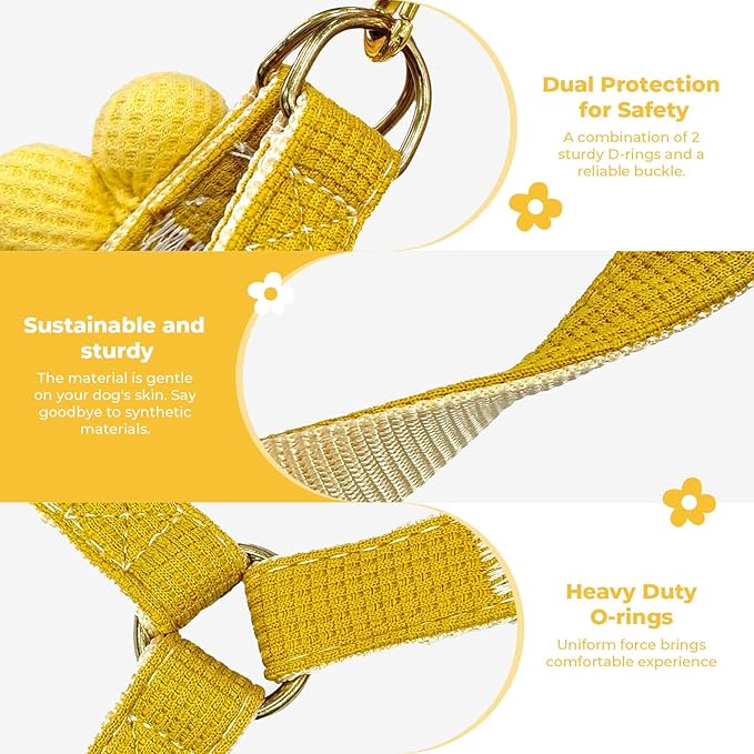 PETCARE Cute Flower Dog Harness and Bowtie Leash Set Easy Walk Puppy Dog Halter Harness for Small Dogs Girl Step in Dogs Harnesses with Buckle (Yellow, Chest Adjustable 11"-17", Rope Width 0.59")