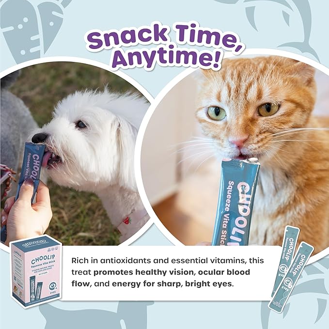 Choolip Squeeze Vita Stick Lickable Cat and Dog Treats – 49-Count Eye Support Sticks with Multivitamins, Soft Squeezable Paste for All Life Stages, Supporting Eye Health - Box with 7 Pouches
