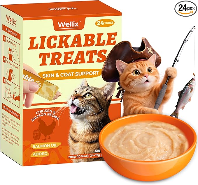 Wellix Lickable Cat Treat for Indoor Cats - Salmon Oil & Chicken Flavor Kitten Snacks for Training - Squeezable Cat Treats for Healthy Skin & Coat - 24 Tube Treats for Cats