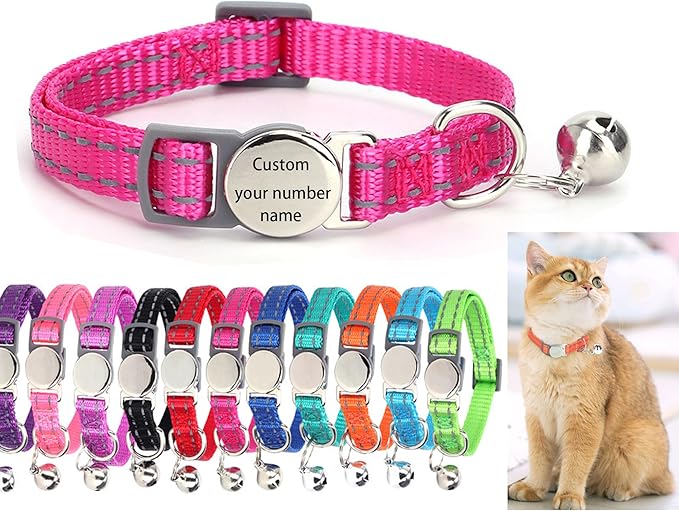 Custom Personalized Reflective Cat Collar with Bell - Engraved Pet Collar with Name & Number, Breakaway Safety Buckle, Adjustable for Cats/Kittens