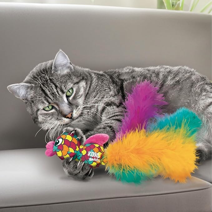 KONG Wubba Cat Toy – Catnip-Infused, Crinkle and Rattle Sound & Feathery Tails for Batting, Pouncing & Interactive Play (Fish)