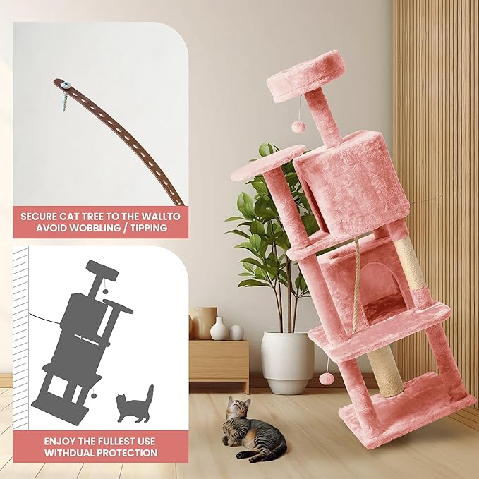59in Large Cat Tree Tower for Indoor Cats with Soft Plush Hang Ball, Two Condos, Sisal Scratch Posts & Rope Play for Kittens/Adult Cats, Pink
