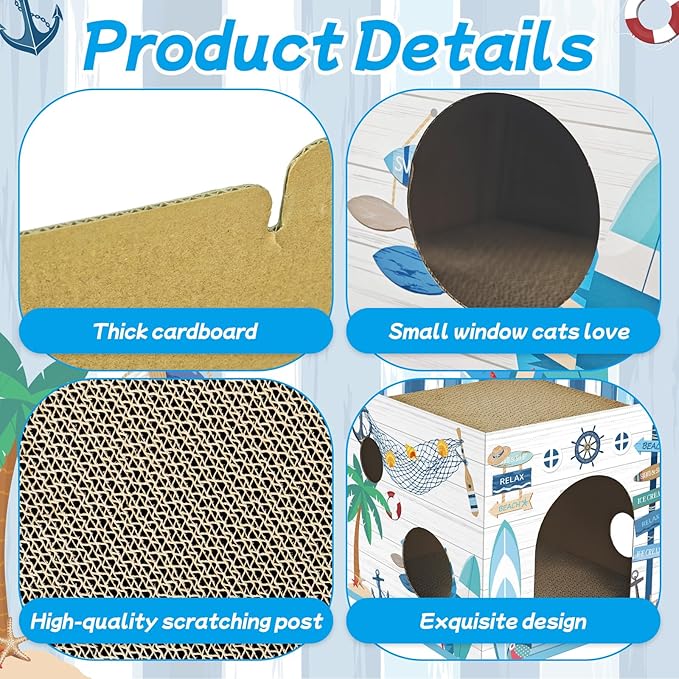Cinrobiye Cardboard Cat House with 2 Pcs Scratching Pad，Pet Hideaway Cave Board Bed Playhouse Condo Box Decor Small Animals Scratcher Bed for Indoor Cats Kittens Rabbits Bunny