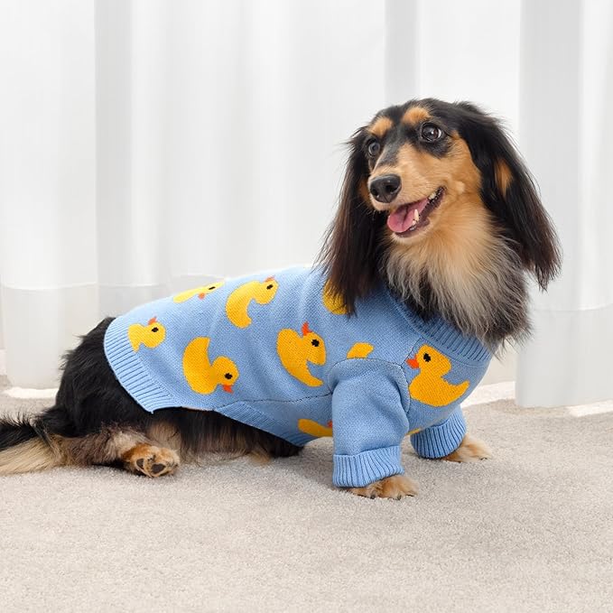 Fitwarm Funny Duck Dog Sweater, Thermal Dog Winter Clothes for Small Dogs Boy Girl, Pet Outfit, Blue, Yellow, Large