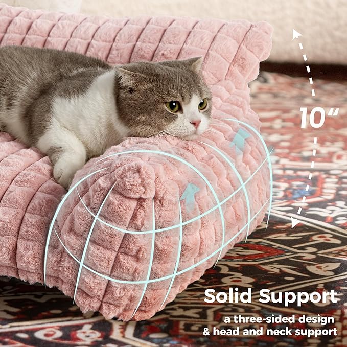 Cute Small & Medium Dog Couch Bed – Supportive & Fluffy Pet Sofa with Faux Rabbit Fur Washable Cover in 3D Diamond Pattern, 36" Pink