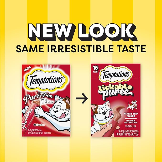 Temptations Creamy Puree Squeezable Lickable Cat Treats, Wet Cat Treats with Beef Liver, 0.42 oz. Tubes, 16 Count