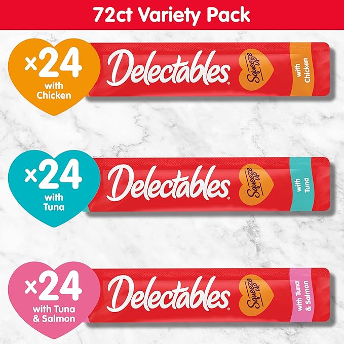 Delectables Squeeze Up Variety Pack, Creamy Squeezable Puree, Lickable Wet Cat Treats, Grain Free, No Added Fillers, No By-Products, No Added Preservatives, 0.5 Ounces Tube, 144 Tubes Total, pack of 2