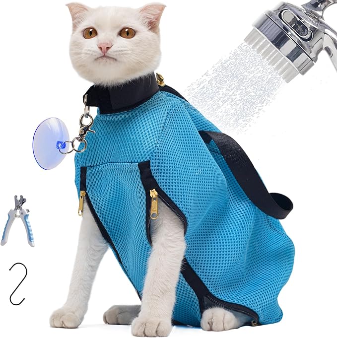 Medium 6-12 lbs Blue Cat Bathing Bag - Double Fix with Suction Cups & Adhesive Fasteners, Anti-Escape & Scratch-Resistant, Breathable & Easy to Clean, for Bathing, Nail Trimming & Travel