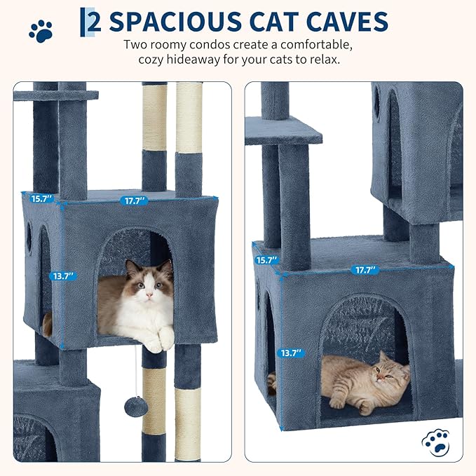61.4 Inch Cat Tree, Large Cat Tower with Sisal Scratching Posts, 2 Spacious Cat Beds, Hanging Ball & Top Perch, Ideal for Large Indoor Adult Cats, Light Blue