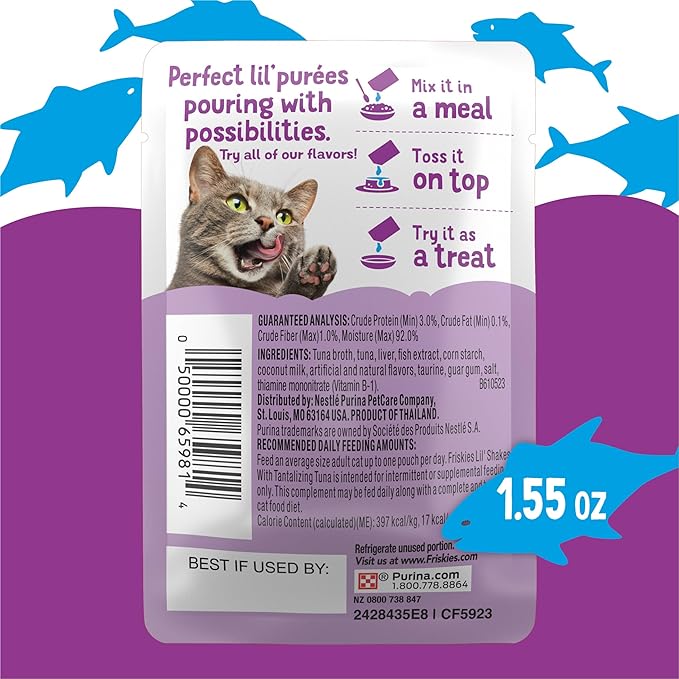 Friskies Purina Pureed Cat Food Topper,Lil’ Shakes with Tantalizing Tuna Lickable Cat Treats - 1.55 oz. Pouches,(Pack of 32)