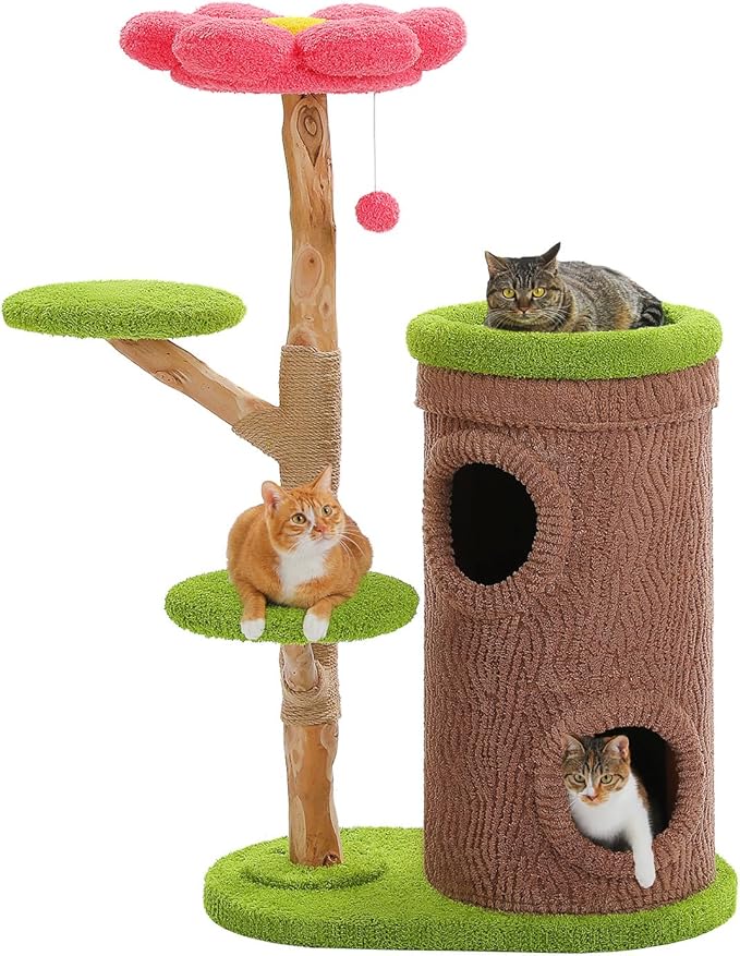 MUTTROS Wood Cat Tree with Flower Perch, 53.5" Modern Cat Tower w/Natural Solid Wood Scratching Post (φ3.8in), Large Heavy Duty Forest Cat Tree Furniture w/2 Condos for Indoor & Multi-Cat Household