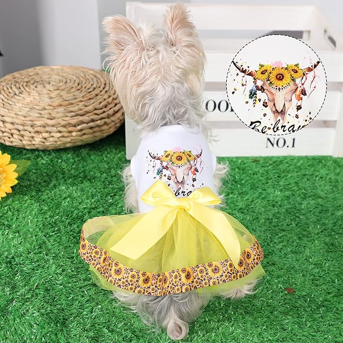 Sunflower Lace Dog Dress - Cute Tutu Outfit for Small Medium Dogs and Cats - Yellow, XS, Sunflower Yellow