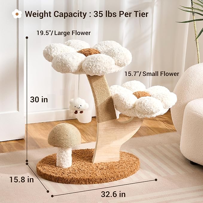 Aesthetic Flower Cat Tree Tower with Scratching Post for Indoor Cats, 30" H Modern Cat Tree with Wood Sculpted Branch, Flower Cat Beds, Mushroom Scratcher & Interactive Squeaky Toy, White