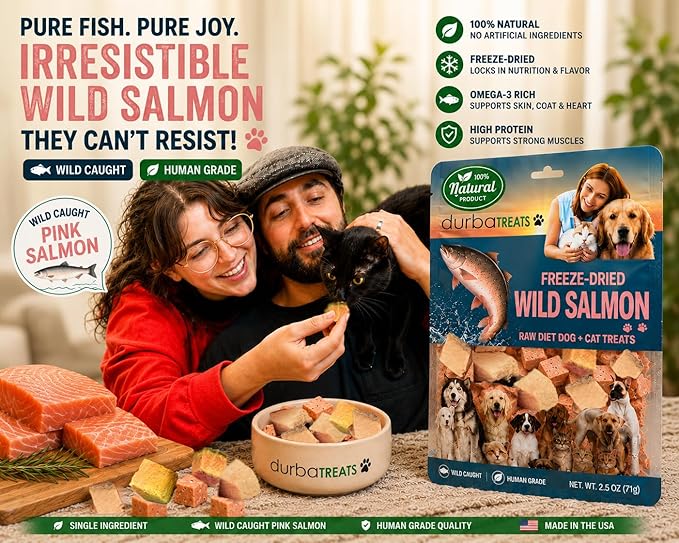 Freeze-Dried Wild-Caught Pink Salmon Treats for Dogs & Cats - Nutrient-Dense, Single-Ingredient Snack, Food Topper. Gluten-Free Weight Control, Training Bites, Allergy Friendly (2.5 Ounce, Salmon)