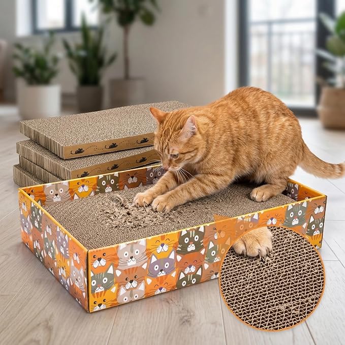 Pumtus Set of 2 Cat Scratching Boxes, 17x10 in 6 Pcs Corrugated Cardboard Pad with 2 Boxes, Large Cute Reversible Kitty Sofa Bed, Refillable Wave Shaped Lounge, Interactive Kitten Toy for Indoor Cat
